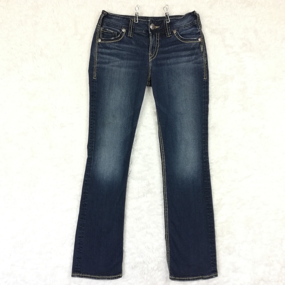 Silver Jeans Womens Suki Mid Slim Boot Cut Blue Denim Flap Pocket Dark Wash 27
